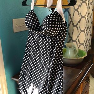 Polka Dot Black and White Retro Style Halter Swimsuit. Boyshort legs.